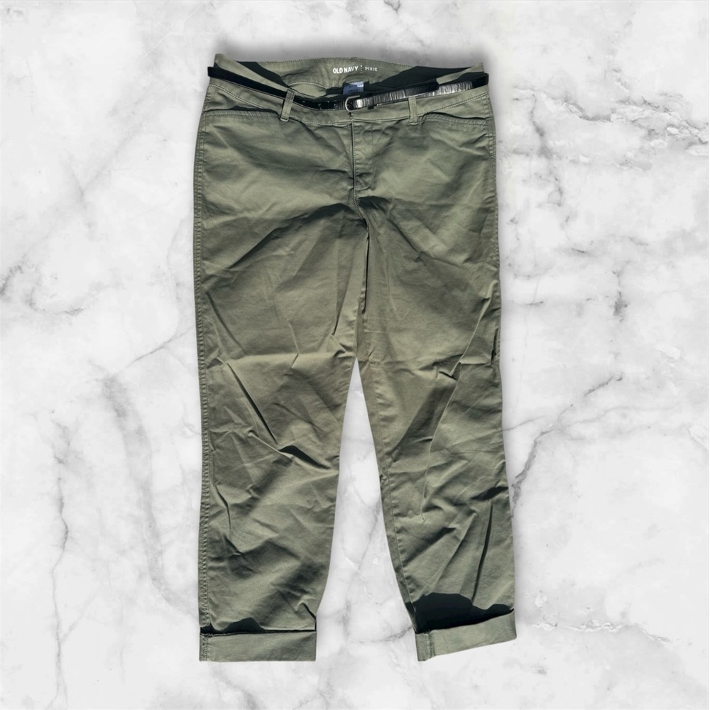 Belted Olive Green Women’s Pixie Pants with Cuffed Hem | Size 8